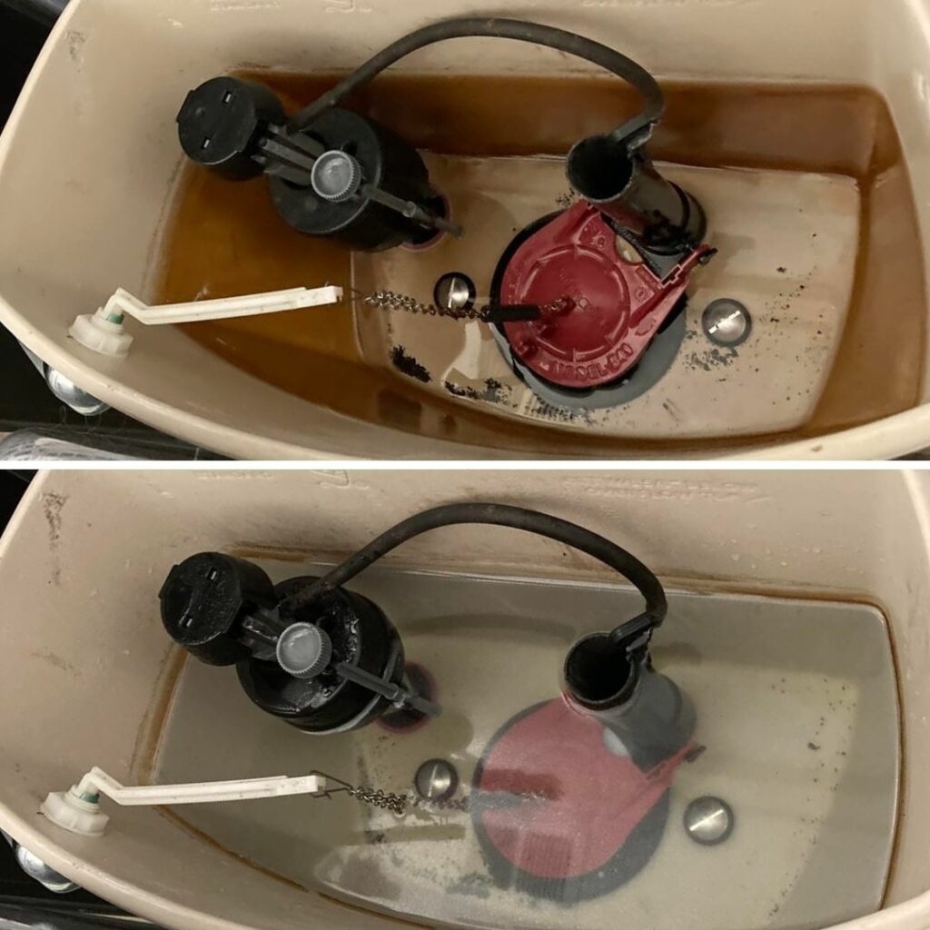 Top image is a toilet tank with rust in it and bottom image is after cleaning toilet tank rust with citric acid