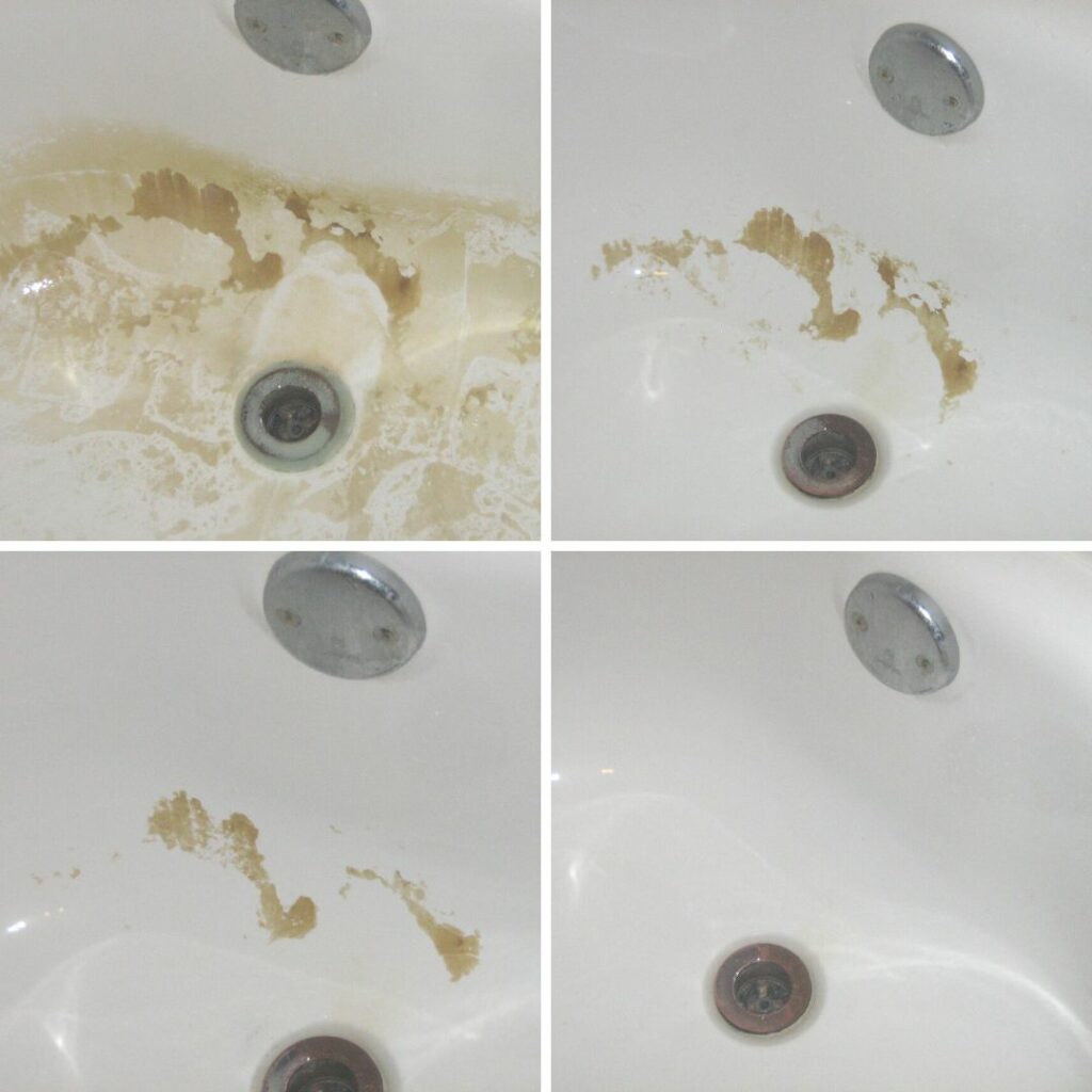 Step by step photo of how to remove rust stains from bathtub using citric acid