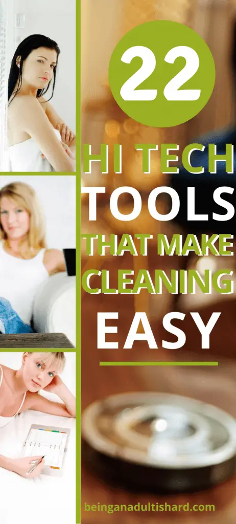 Pin 3 women relaxing while vacuum cleaning tool is cleaning floor with text 22 hi tech that make cleaning easy