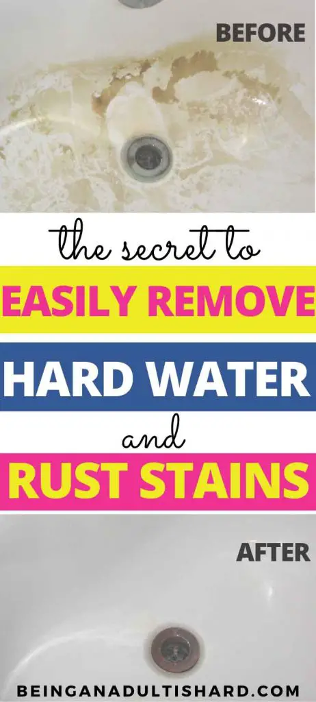 The secret to easily remove hard water and rust stains - image of before and after using citric acid to clean rust stains from bathtub