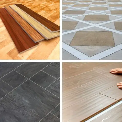 4 different types of flooring - hardwood, laminate, tile and vinyl