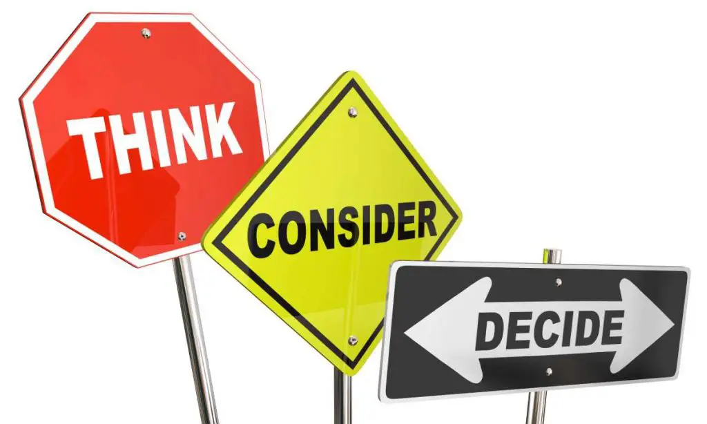 Road signs saying think - consider - decide