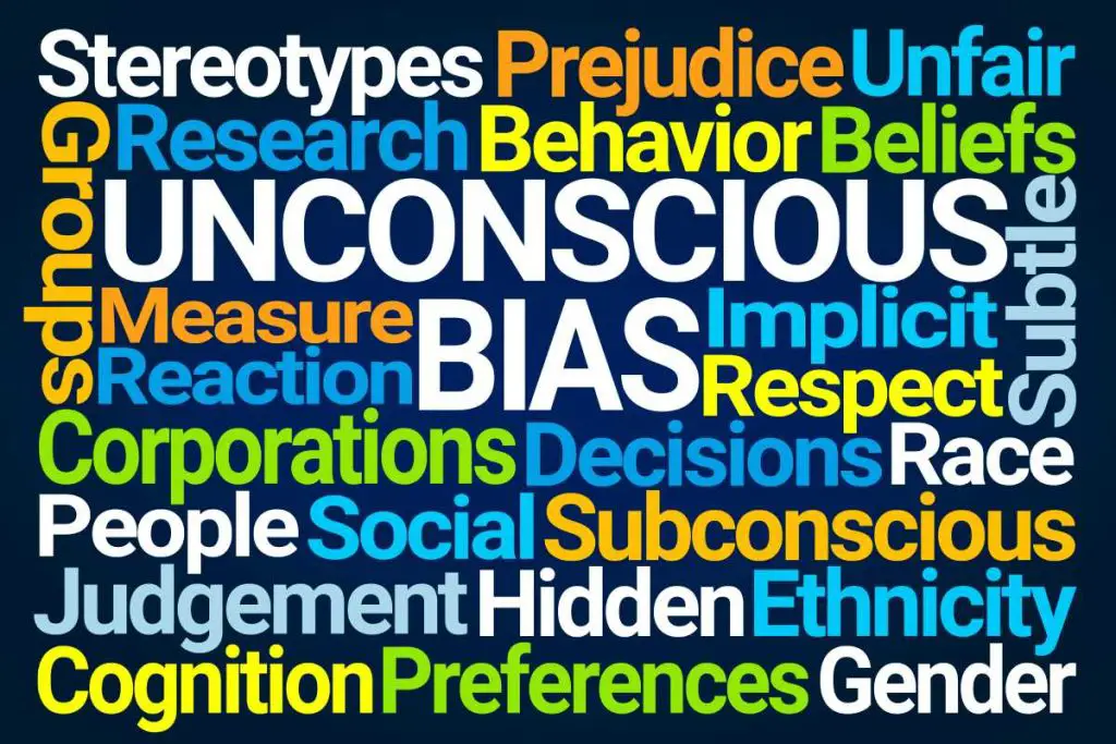 Unconscious bias word art - includes stereotypes, prejudices, unfair, research,, behavior, beliefs, groups, subtle, measure, reaction, implicit, respect, corporations, decisions, race, people, social, subconscious, judgement, hidden, ethnicity, cognition, preferences, gender