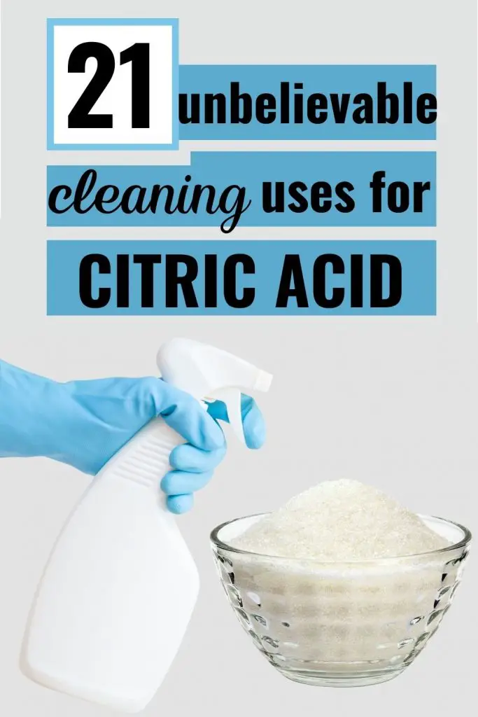 Image of gloved hand holding spray bottle beside a bowl of citric acid. Text reads '21 unbelievable cleaning uses for citric acid'