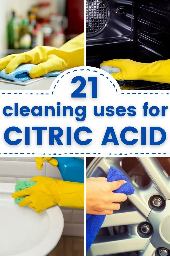 4 images - glove hand cleaning countertop; gloved hand cleaning oven; gloved hand cleaning toilet; hand cleaning wheel rim. Text reads '21 cleaning uses for citric acid'