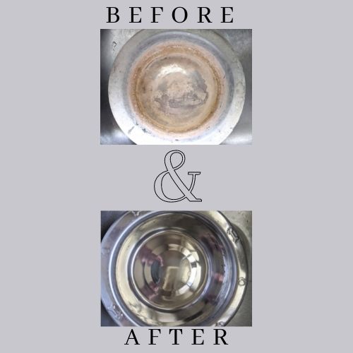 Before image shows pet bowl covered in Remove water calcium deposits; after image shows shiny clean stainless steel bowl after using citric acid powder to Remove water calcium deposits