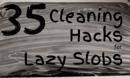 Image of baking soda paste covering stove top with text '35 cleaning hacks for lazy slobs'