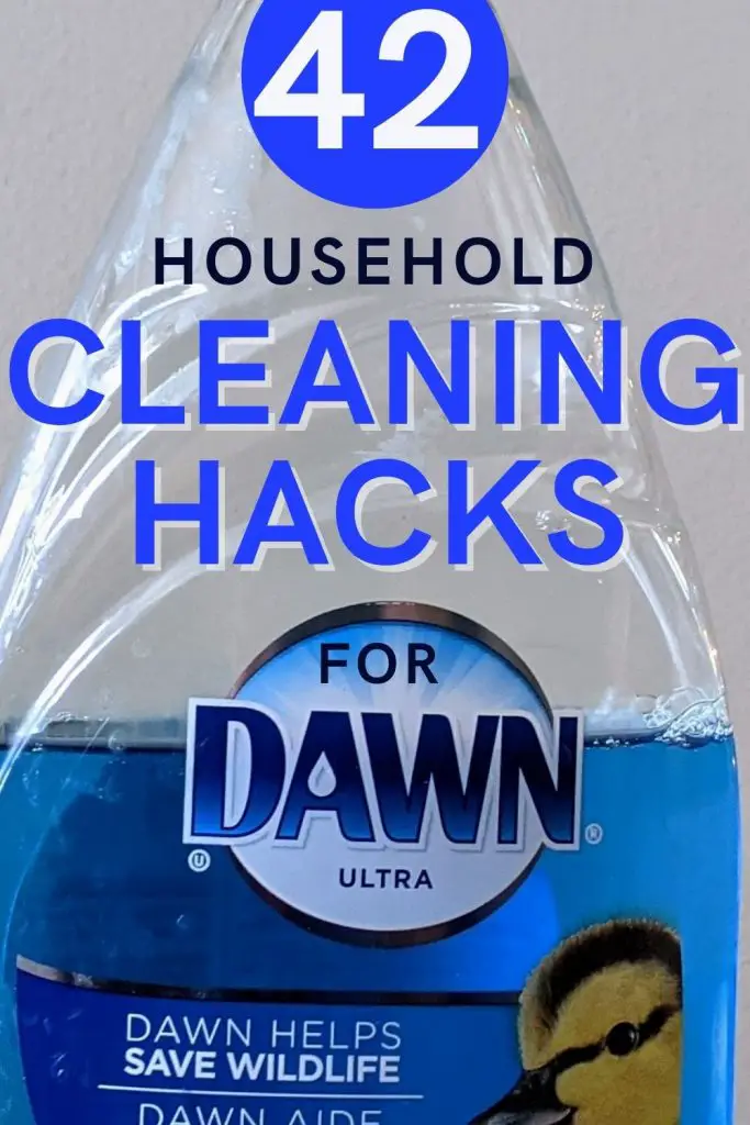 Text reads 42 household cleaning uses for Dawn ultra overlaid onto an image of a half full bottle of Blue Dawn ultra.