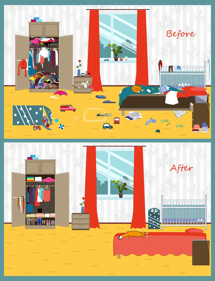 Vector image of a really messy room before and after cleaning fast