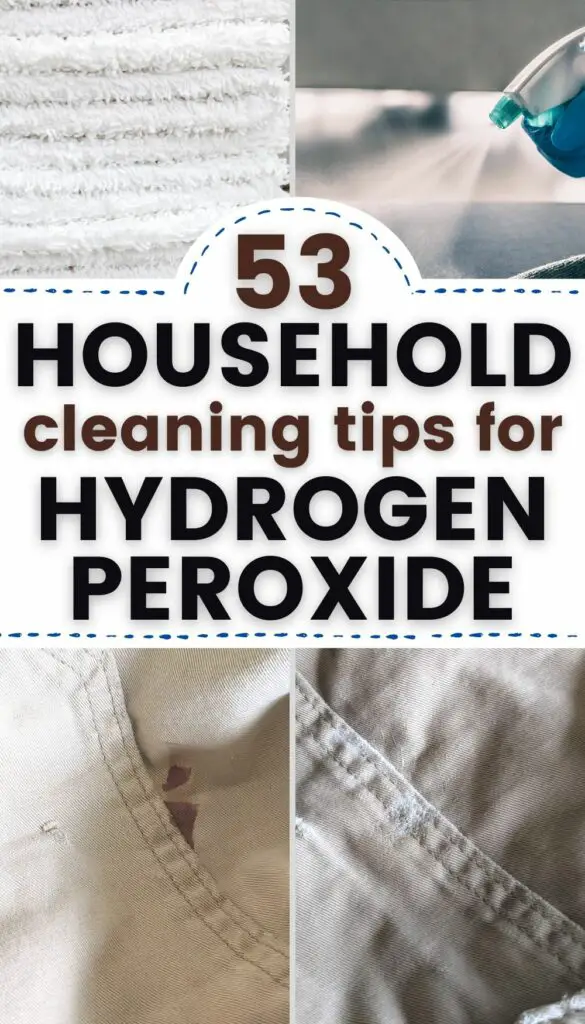 Pin text reads "53 Household cleaning uses for hydrogen peroxide." Image #1 is a stack of bright white towels; Image #2 is hydrogen peroxide spray being used on surfaces; Image #3 is a pair of shorts with a blood stain on it (before); Image #4 is the same pair of shorts after using these hydrogen peroxide hacks