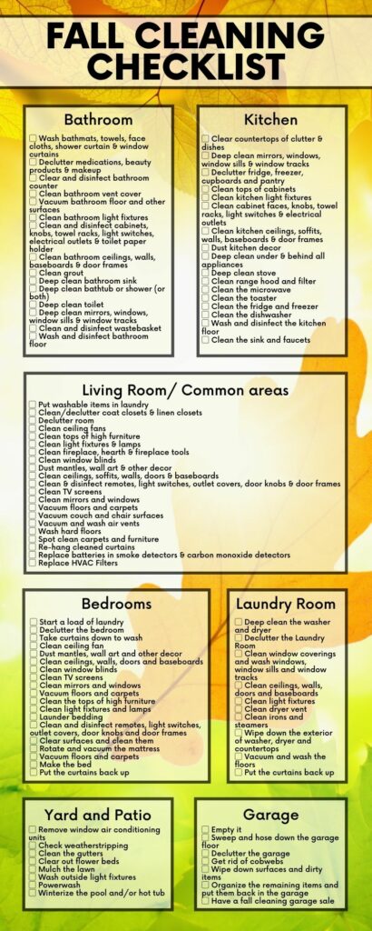 Image shows a fall themed background with a room by room fall cleaning checklist