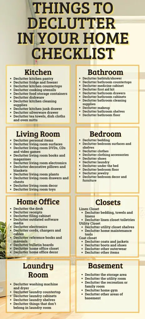 Text is a room by room checklist of things to declutter in your home. Background image is of a modern, clean, clutter free room.