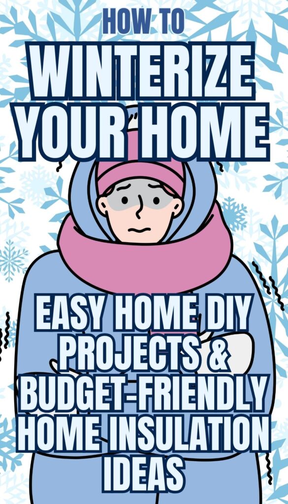 A cartoon figure wearing winter clothing stands against a backdrop of snowflakes, with text promoting tips on how to winterize your home and suggesting easy DIY projects for budget-friendly home insulation ideas.