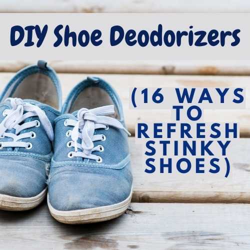 Background image is old blue sneakers sitting on a wood deck. Text overlay reads "DIY Shoe Deodorizer (16 ways to refresh stinky shoes)