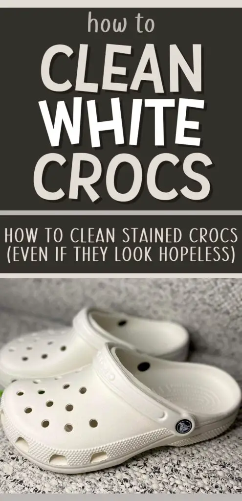 Pin text reads "how to clean white crocs - (how to clean stained crocs even if they look hopeless)." Image is a pair of dirty white crocs on a black and white speckled carpet before using these home hacks for how to clean dirty white crocs