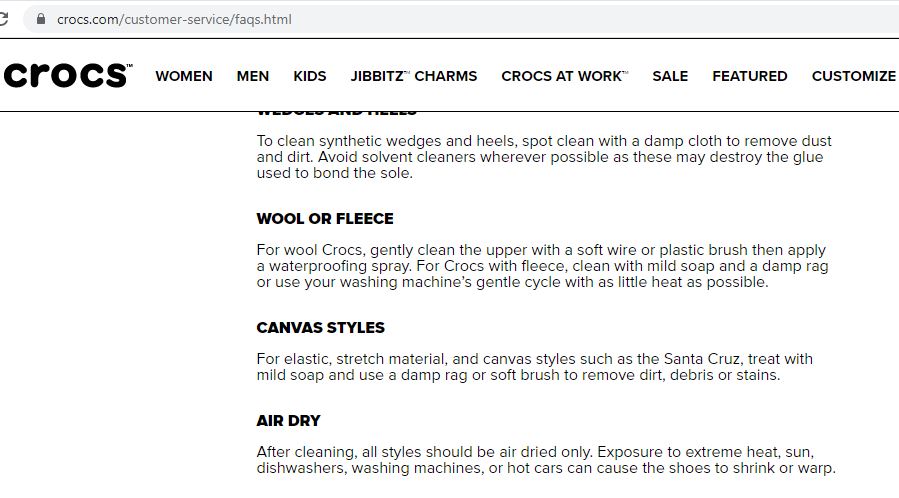 Screenshot of Crocs website FAQs stating that all styles of Crocs, including white crocs should be air dried only.