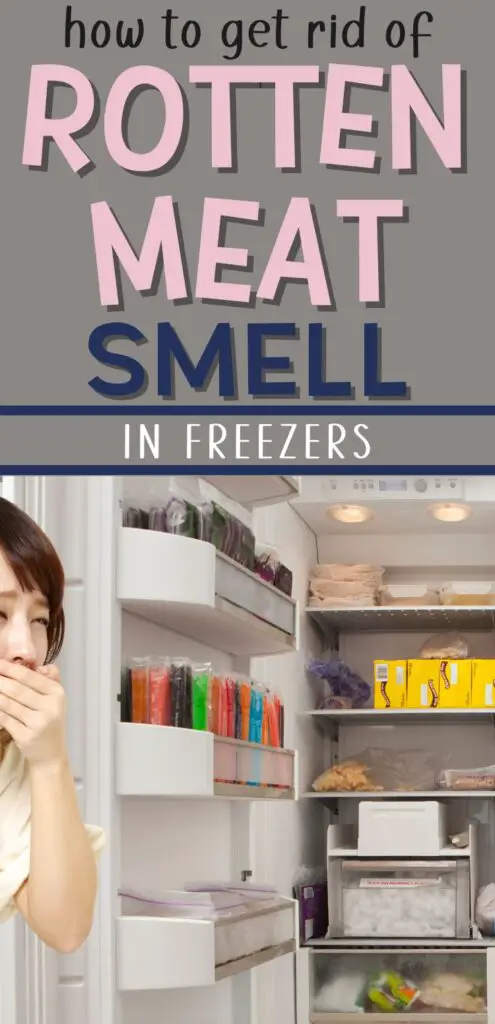 Pin text reads "how to get rid of rotten meat smell in freezers" Background image is a gagging woman standing in front of a freezer that contains rotten meat before using these house cleaning hacks to remove rotten meat smell from freezer.