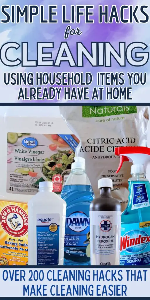 Image text reads "Simple life hacks for cleaning using household items you already have." Background image is a collage of a jug of vinegar, a bag of citric acid, a box of baking soda, a bottle of rubbing alcohol, a bottle of Dawn, a bottle of hydrogen peroxide and a spray bottle of Windex.