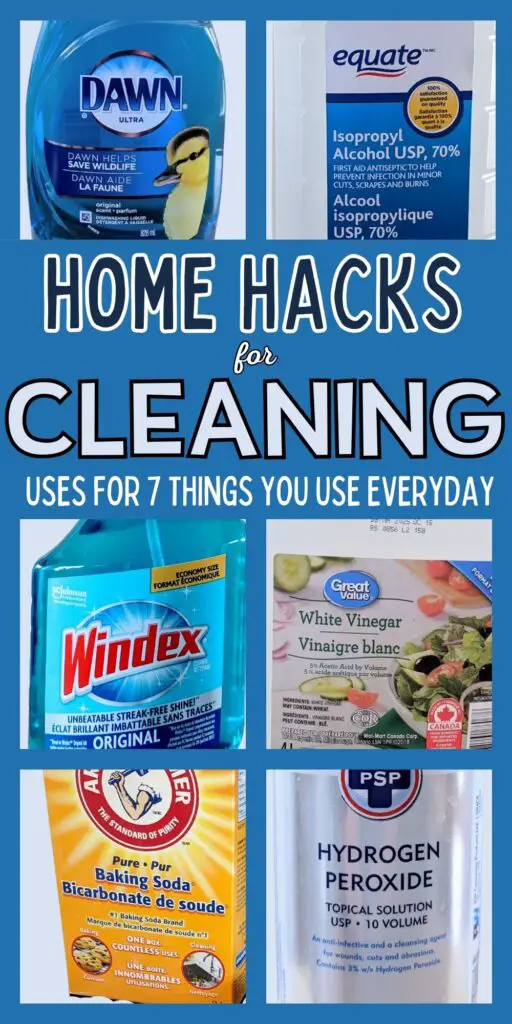 Image text reads "Home hacks for cleaning - uses for 7 things you use everyday." Background image is a collage of a jug of vinegar, a box of baking soda, a bottle of rubbing alcohol, a bottle of Dawn, a bottle of hydrogen peroxide and a spray bottle of Windex.
