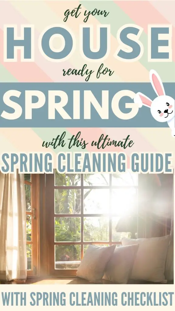 Text reads "Get your house ready for Spring with this ultimate spring cleaning guide." Background image Is a bay window seat with 3 white cushions. The sun is streaming in through the window past outdoor greenery.