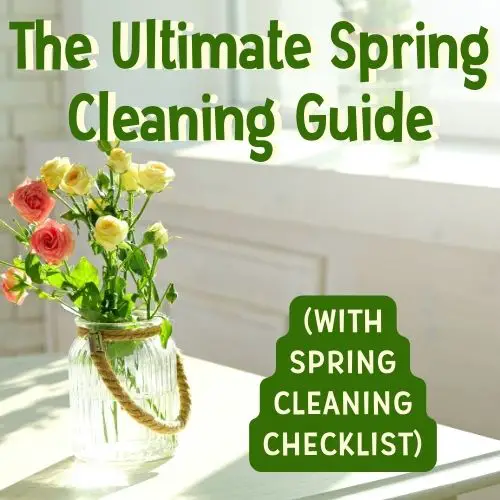 Image text reads "The ultimate spring cleaning guide (with spring cleaning checklist). Background image is a clear glass vase with spring flowers on a white, counter with sunlight streaming through a window.