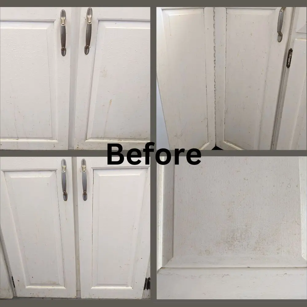 A collage of 4 dirty, greasy cabinet doors before cleaning