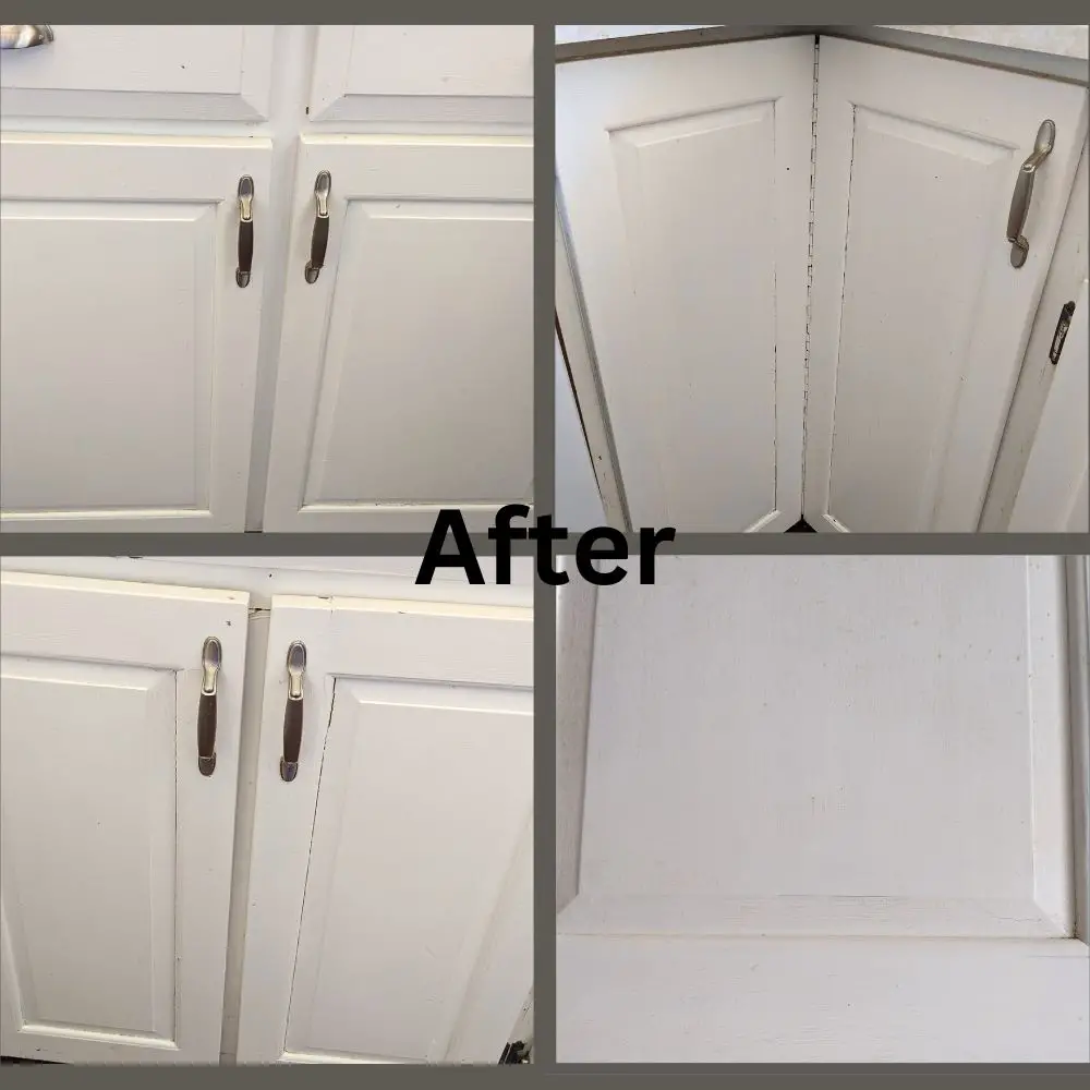 Collage of 4 sets of clean white cabinet doors after cleaning