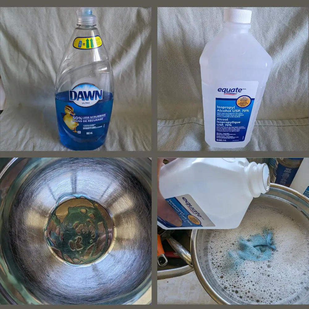 In process image - top left Dawn; top right rubbing alcohol; bottom left is Dawn in bowl; bottom right is mixture of Dawn and hot water while adding rubbing alcohol