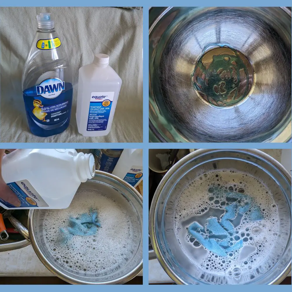 4 images - Dawn dish soap & rubbing alcohol; Dawn in bowl; adding rubbing alcohol to bowl; mixture with microfiber cloth in bowl