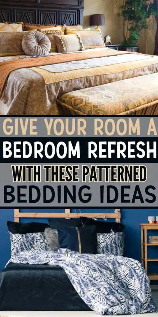 Collage of 2 beds with patterned bedding