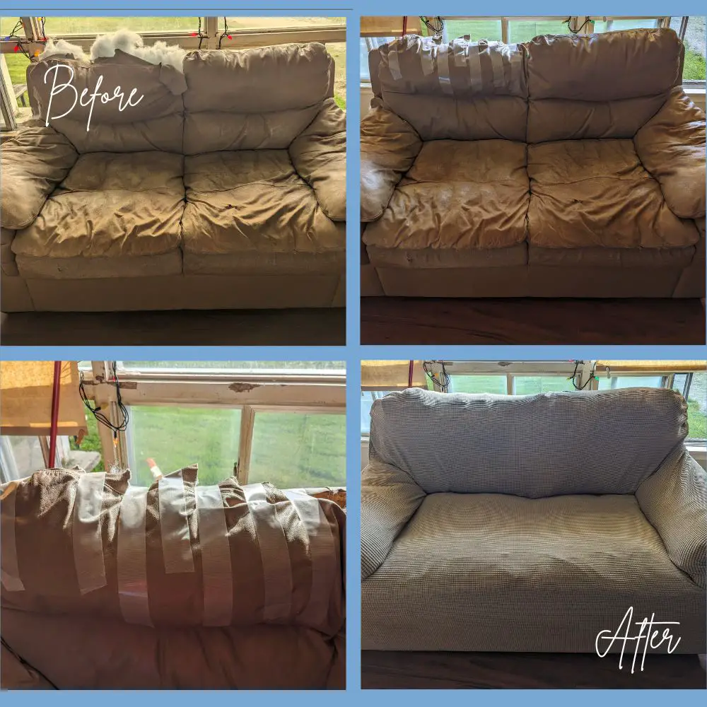4 in process photos of covering an old couch