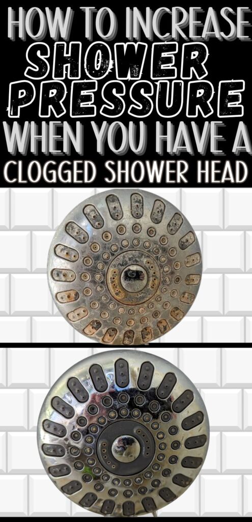 Before image is shower head covered in mineral deposits; after image is clean shower head