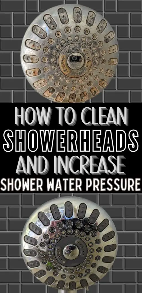 Before image is shower head covered in mineral deposits; after image is clean shower head