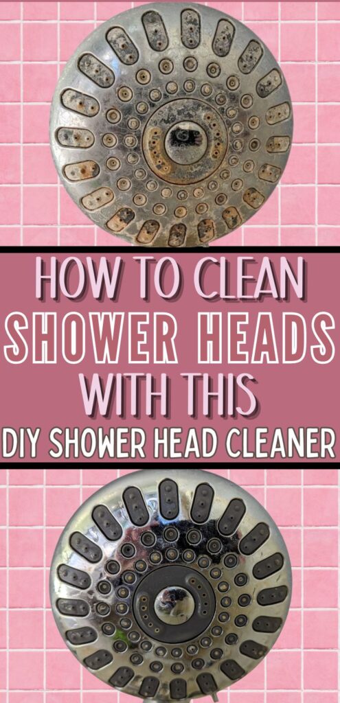 Before image is shower head covered in mineral deposits; after image is clean shower head