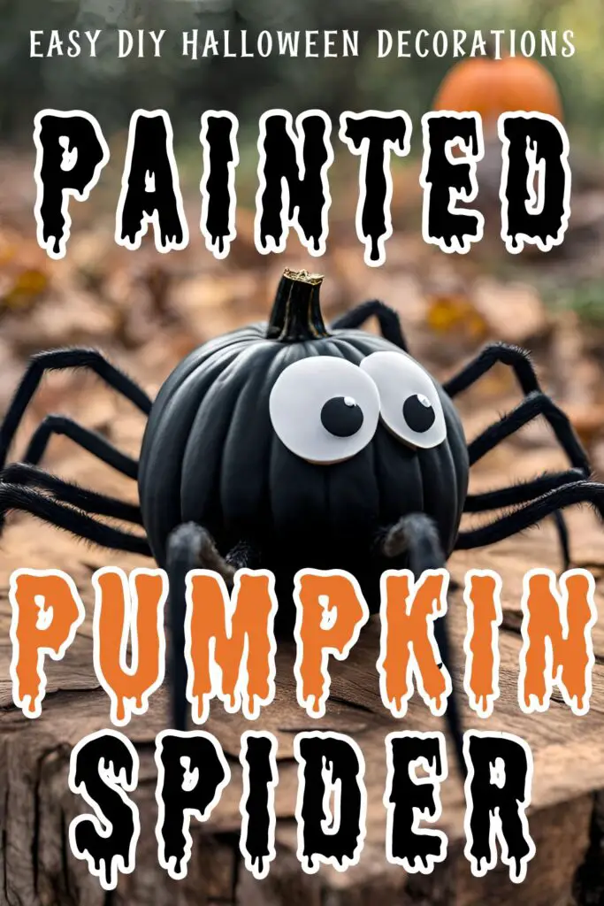 Pin text reads easy DIY Halloween decorations - painted pumpkin spider. Background image is a black painted spider pumpkin