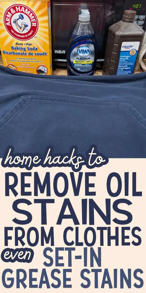 A dark hoodie rests on a countertop next to containers of baking soda, Dawn dish soap, and hydrogen peroxide, illustrating DIY home hacks for removing oil stains and grease spots from clothing, including set-in stains.