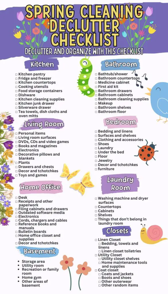 A colorful infographic titled "Spring Cleaning Decllutter Checklist" outlines various tasks and areas to declutter before spring cleaning, including sections for the kitchen, bathroom, living room, bedroom, home office, laundry room, basements, and closets.