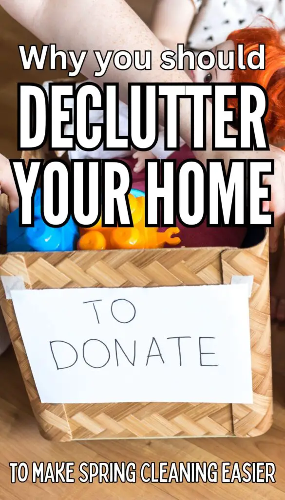 An assortment of clutter, including a suitcase, rolled papers, and a picture frame, is prominently displayed with text advising on how to declutter your home and simplify spring cleaning.