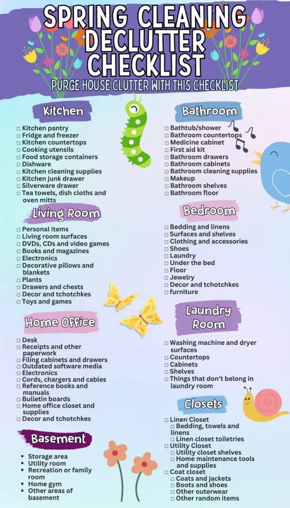 A colorful infographic titled "Spring Cleaning Declutter Checklist" outlines various tasks and areas to declutter before spring cleaning, including sections for the kitchen, bathroom, living room, bedroom, home office, laundry room, basements, and closets.