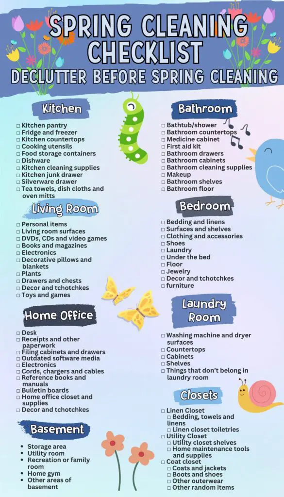 A colorful infographic titled "Spring Cleaning Checklist" outlines various tasks and areas to declutter before spring cleaning, including sections for the kitchen, bathroom, living room, bedroom, home office, laundry room, basements, and closets.