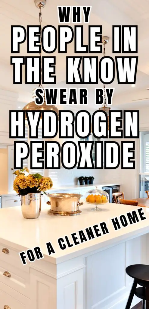 An image of a modern kitchen countertop featuring decorative items and a prominent text overlay advocating for the use of hydrogen peroxide as a cleaner, relating to DIY cleaning products and solutions.