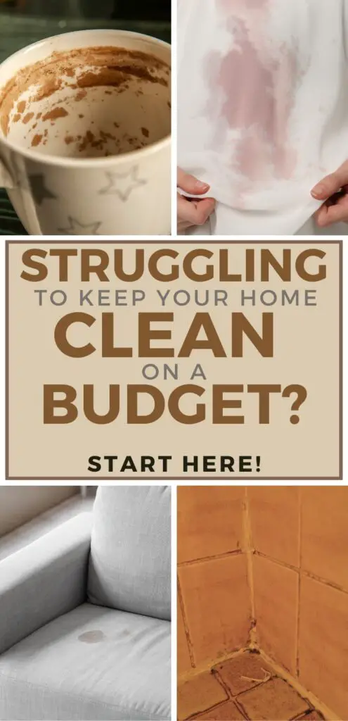 A collage illustrating various cleaning challenges, including a dirty mug, stained clothing, a spot on a couch, and dingy grout, paired with text about budget-friendly home cleaning tips and DIY hacks.