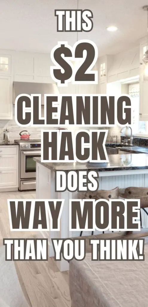 A well-lit kitchen featuring modern appliances and a countertop, accompanied by large text promoting a $2 cleaning hack using homemade solutions like hydrogen peroxide.