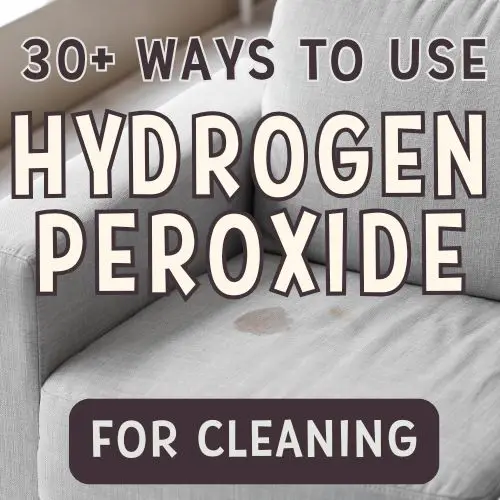 A stained couch cushion is behind a text overlay that reads :30+ ways to use hydrogen peroxide for cleaning