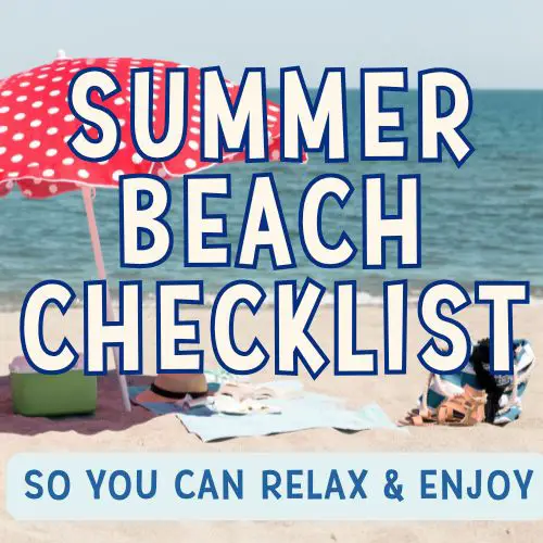 An image featuring a beach scene with a red polka-dot umbrella, towels on the sand, and text overlay that reads "Summer Beach Checklist" encourages preparations for a beach day, outlining essentials and tips for a successful beach vacation.