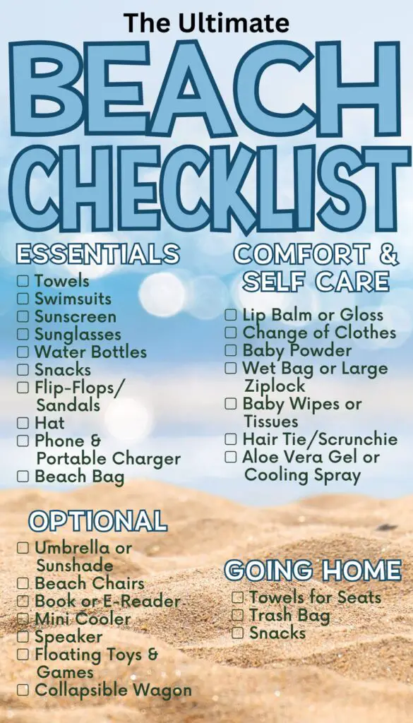 The image features a detailed beach checklist titled "The Ultimate Beach Checklist," outlining essentials, comfort items, optional gear, and items for going home, including categories like beach day essentials, beach tips, and what to bring to the beach.