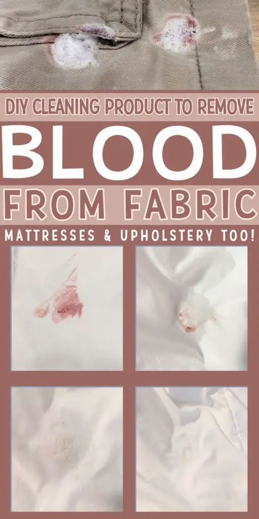 Image showing a DIY cleaning product designed to remove blood stains from various fabrics, including clothes and upholstery, with before and after examples of treated stains.