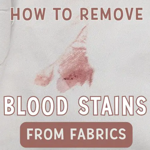 A close-up of a fabric showing a blood stain, accompanied by text that reads "How To Remove Blood Stains From Fabrics," suggesting methods for DIY stain removal, including homemade solutions for blood stains from clothes.