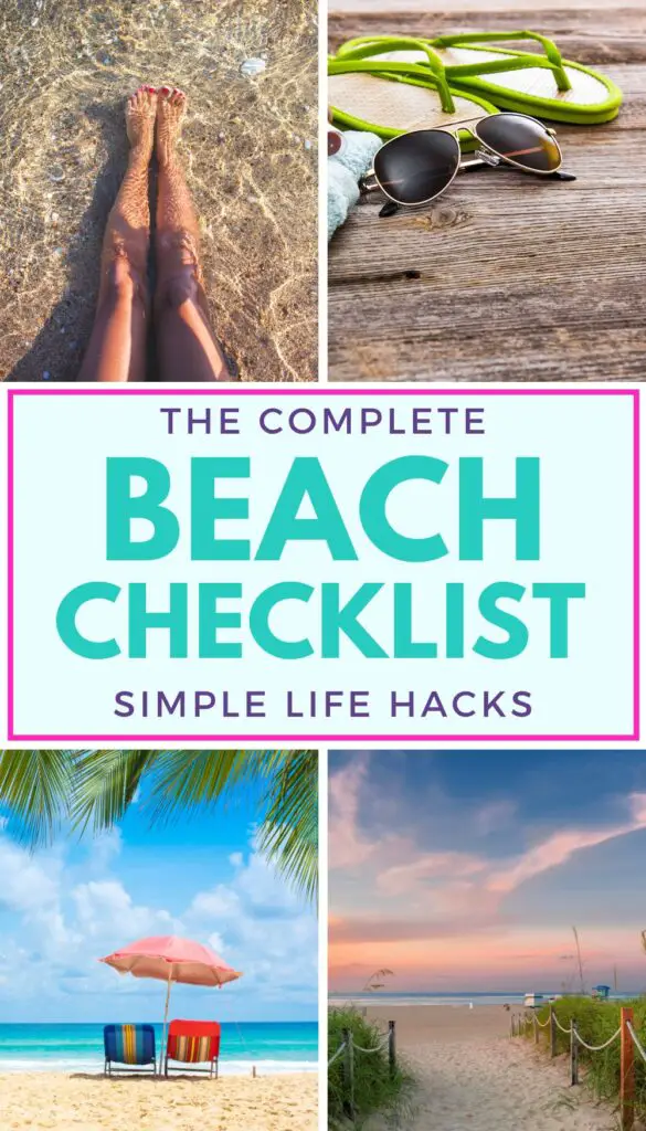 A collage featuring a beach checklist for vacation, illustrating essential items like sandals and sunglasses alongside scenic beach images, aimed at helping families prepare for a day at the beach.