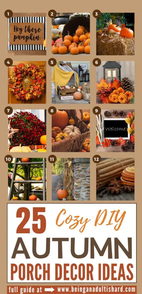 A collage of images featuring various fall decoration ideas including pumpkins, wreaths, flowers, and cozy themed decor, accompanied by the text "25 Cozy DIY Autumn Porch Decor Ideas."